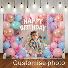 1pc Customisable Photo Rainbow Balloon Happy Birthday Photography Background Fabric Pink Floral Butterfly Design Personalised Photo Design Suitable For Birthday Babyshower Background Decoration Banner Vinyl
