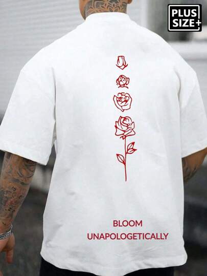 Plus Size Men's Bold Rose Print & Custom Text Summer Casual Comfort Fit T-Shirt, Fashion Essentials, Breathable Fabric, July 4th