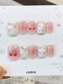 10Pcs Sweet Girls Butterfly & Cherry Decor Pink Transparent Short Wear False Nails, Hand Made Reusable Nail Art Decoration Press On Nails Nail Supplies Nails - Pink - View 2