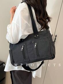 low tea 纯色牛仔拉链开合时尚手提包，适合女士日常使用 - 女士手提包、牛仔手提包、单肩包、斜挎包或手提包，适合上学、办公室、旅行 - 黑色 - 查看 6