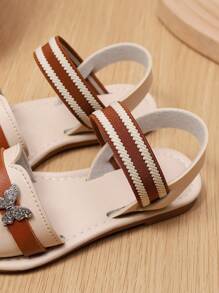 1 Pair Toddler/Girls' Plus Size White & Brown Strap Sandals, Sparkling Rhinestone Butterfly Decor, Round Toe, Elastic Back, Casual Wear, Suitable For 3-15 Years Old, Spring/Summer 2025 - Beige - View 8