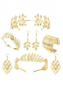 IRONBOX 4-16Pcs Greek Goddess Costume Accessories Set For Women Gold Leaf Crown Bracelet Pearl Earrings Bridal Wedding Jewelry - Gold - View 16