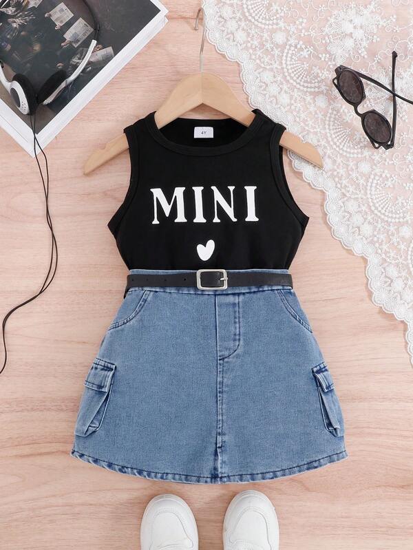 2pcs Young Girls Summer Leisure Graphic Printed White Tank Top & Denim Skirt Set, Suitable For Commuting, Daily Wear, Vacation And School