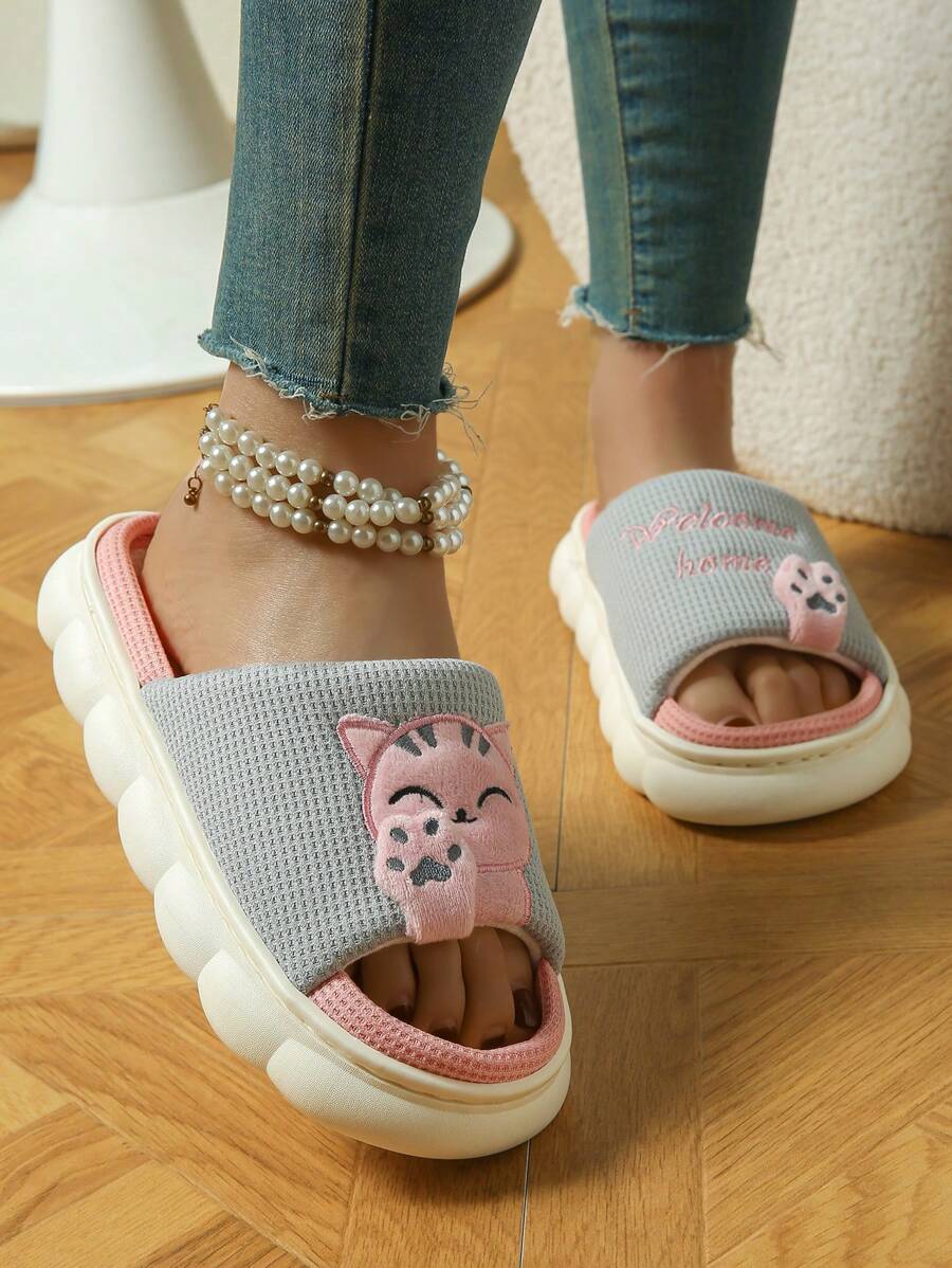 OBOVAY Women Cartoon Cat Design Plush Open Toe Indoor Slippers, Lightweight And Comfortable For All Seasons - 1pc Grey - View 1