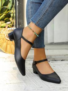 2025 Spring/Summer New Pointed Toe Mid Heel Slip-On Shoes, Shallow Strap Fashionable Minimalist Flats - Black - View 1