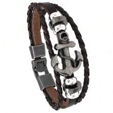 1pc Men Fashion Punk Leather Beaded Bracelet With Metal Anchor Charm, Suitable For Daily Wear And Gift For Friends & Family - Brown - View 5