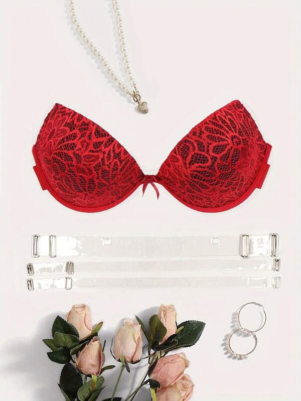 Women Small Size Strapless Invisible Bra With Wire Contrast Color Floral Lace Underwear
