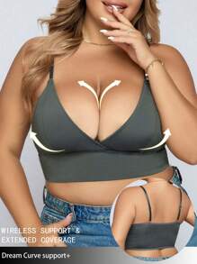 Plus Size Women Front Closure Wireless Comfy Bra - Dark Green - View 4
