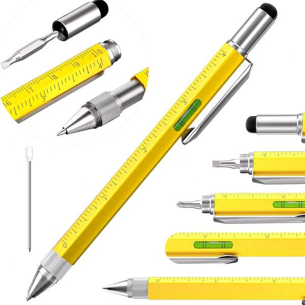 6-In-1 Multifunctional Tool Pen, All-In-One Technical Pen With Flathead & Phillips Screwdriver, Ballpoint Pen, Stylus, Ruler, Level