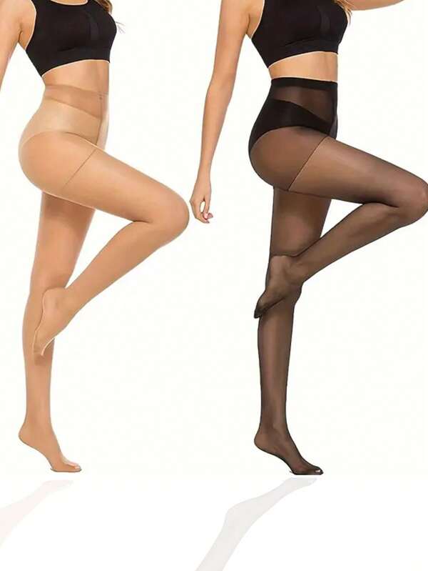 2 pares de meias-calças justas de cor sólida, meia-calça de cintura alta semitransparente, meia-calça feminina e meias