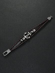 1pc Men Fashion Punk Leather Beaded Bracelet With Metal Anchor Charm, Suitable For Daily Wear And Gift For Friends & Family - Brown - View 6