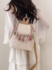 New Fashionable Fringe Design Straw Backpack, Versatile Woven Bag For Beach Vacation - Beige - View 6