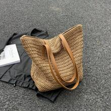 Túi đi biển rơm mùa hè, Túi xách tote dung tích lớn, Giỏ đựng đồ tạp hóa, Phong cách kỳ nghỉ, Thiết kế đơn giản đa năng, Nhiều ngăn, Phù hợp với váy để mua sắm, du lịch, cất giữ, Túi mây mềm - Màu Khaki - Xem 6