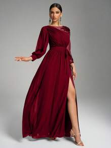 SUPGIR Luxury Sequin Patchwork Lantern Sleeve Cinched Waist Gown, Asymmetrical Hem Evening Party Dress, Formal, For Wedding Guest