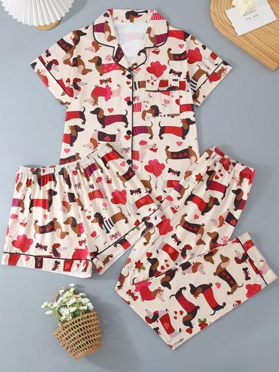 Plus Size 3 Piece Sets, Breathable Short Sleeve, Big Size Women Pajamas Set, Oversize Fit, Shorts & Long Pants, Lapel Button Short Sleeve. Suitable For All Seasons, Comfortable Loose Fit, Cartoon Dachshund Dog Pattern