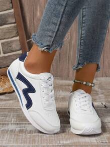 Plus Size Women's White Sneakers, Fashion Small White Shoes Flat-Soled Shoes, Student School Shoes, Pink Versatile Lace-Up Casual Sports Shoes (The Shoes Run Small, Suggest Ordering One Size Up) - Blue - View 4