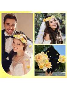 80 件黄色迷你人造花头丝绸人造梅花头假牡丹玫瑰雏菊花头 DIY 花环蛋糕婚礼派对毕业季帽子鞋子家居花瓶装饰，秋季装饰，秋季 - 黃色 - 查看 5