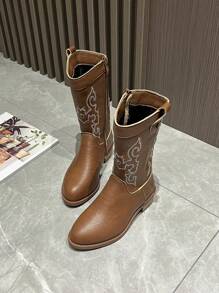 Kids Western Embroidered Cowboy Boots, New Simple Style Boys/Girls Boots, Retro Mid-Calf Versatile Riding Boots, Suitable For All Seasons