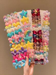 8/10/12/14/20/36pcs Glitter Bow Flower Pentagram Heart Hair Clips, Everyday Sweet Girl Hair Accessories