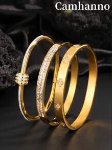 Camhanno 3pcspiece Exquisite Luxury Clover Crystal Stainless Steel Bracelet, Suitable For Women's Daily Wear, As A Gift For Friends Or Girlfriends - Yellow Gold - View 8