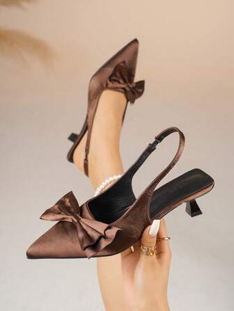 Women's Silk Material Pointed Toe Bowknot Decor Lace-Up Stiletto High Heel Pumps, 2025 New Fashionable And Elegant Versatile Commuter Daily High Heel Shoes, Suitable For Wedding, Party