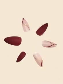 24pcs Medium Length Teardrop Shaped Red & Gold Striped Splice Design Nail Art Stickers With Matte Finish, Full Coverage Wearable Press-On Nails With Gel Polish & Nail File Set, Suitable For Women/Girls, Party, Wedding, Daily Wear