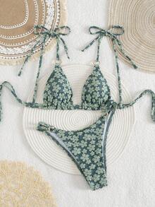 新品春夏绿色碎花面料性感金属环比基尼套装 - 綠色 - 查看 6
