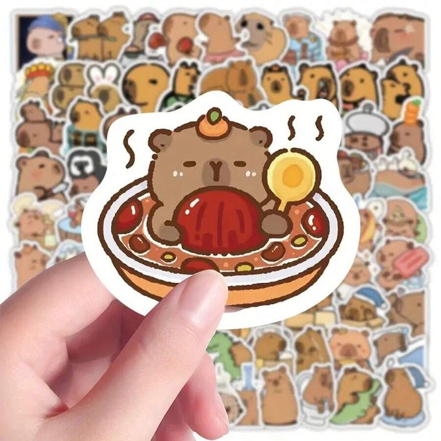100pcs Cute Capybara Cartoon Stickers, Reusable PVC Stickers, Suitable For Laptops, DIY Accounting, Water Bottles, Luggage, Helmets, Spring Decorations, Asymmetrical Shapes, Applicable To Plastic, Glass, Metal, Ceramic Surfaces, New Year Gifts, School Supplies, Back To School, School, Back To School Supplies - Multicolor - View 1