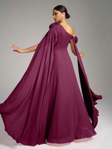 SUPGIR Asymmetrical Shoulder Floral Decor Extra Long Ruffle Waist Ruched Chiffon Dress, Bridesmaid Dress - Red Violet - View 3