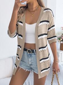 Casual Striped Lightweight Open Front Short Sleeve Cover-Up Cardigan, Spring/Summer, Breathable - Khaki - View 1