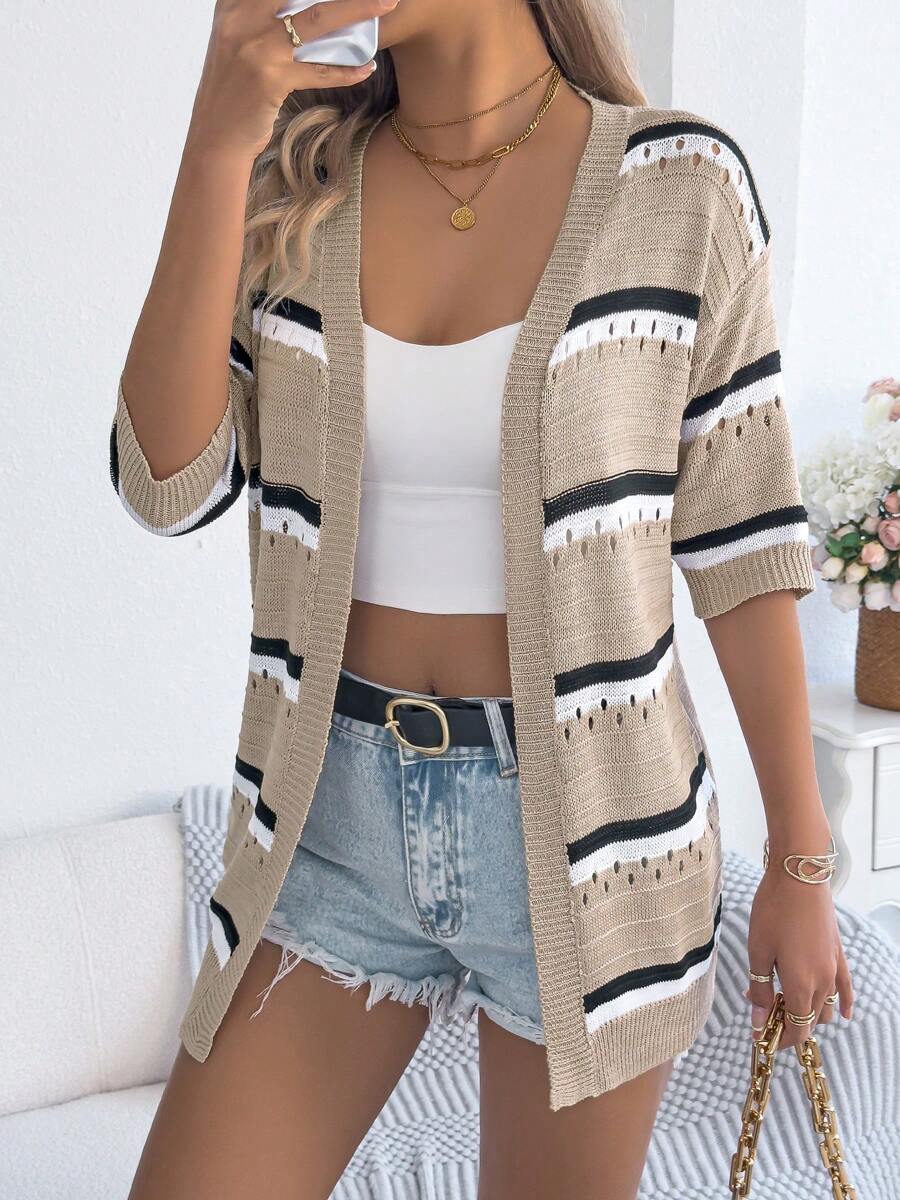 Casual Striped Lightweight Open Front Short Sleeve Cover-Up Cardigan, Spring/Summer, Breathable - Khaki - View 1