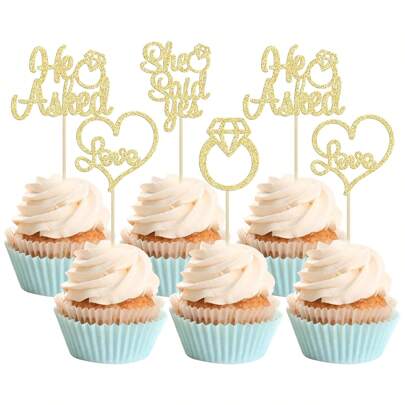 12/24Pcs He Asked She Said Yes Cupcake Toppers Glitter Rhinestone Ring Heart Love Cake Picks For Wedding Engagement Party Cake Decorations