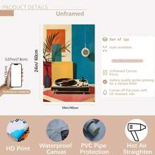 中世纪现代风格黑胶唱片机墙面艺术海报 - 音乐主题，复古装饰艺术风格，帆布海报，适用于家居、办公室、客厅、卧室装饰 - 可选画框，竖版帆布海报，室内装饰，水墨画风格，春冬季，带框墙面艺术 - 彩色 - 查看 14