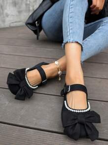 女士黑色蝴蝶结圆头一脚蹬珍珠装饰鞋，舒适百搭奶奶平底鞋