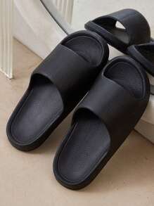 Summer New Leather-Textured Slides, Simple Fashionable High-End Women Black Flat Sandals, EVA Bathroom Indoor Non-Slip Odor-Resistant Slippers, Quiet Soft Bottom Couples Slippers