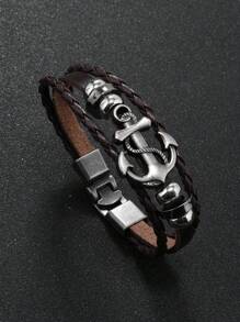 1pc Men Fashion Punk Leather Beaded Bracelet With Metal Anchor Charm, Suitable For Daily Wear And Gift For Friends & Family - Brown - View 4