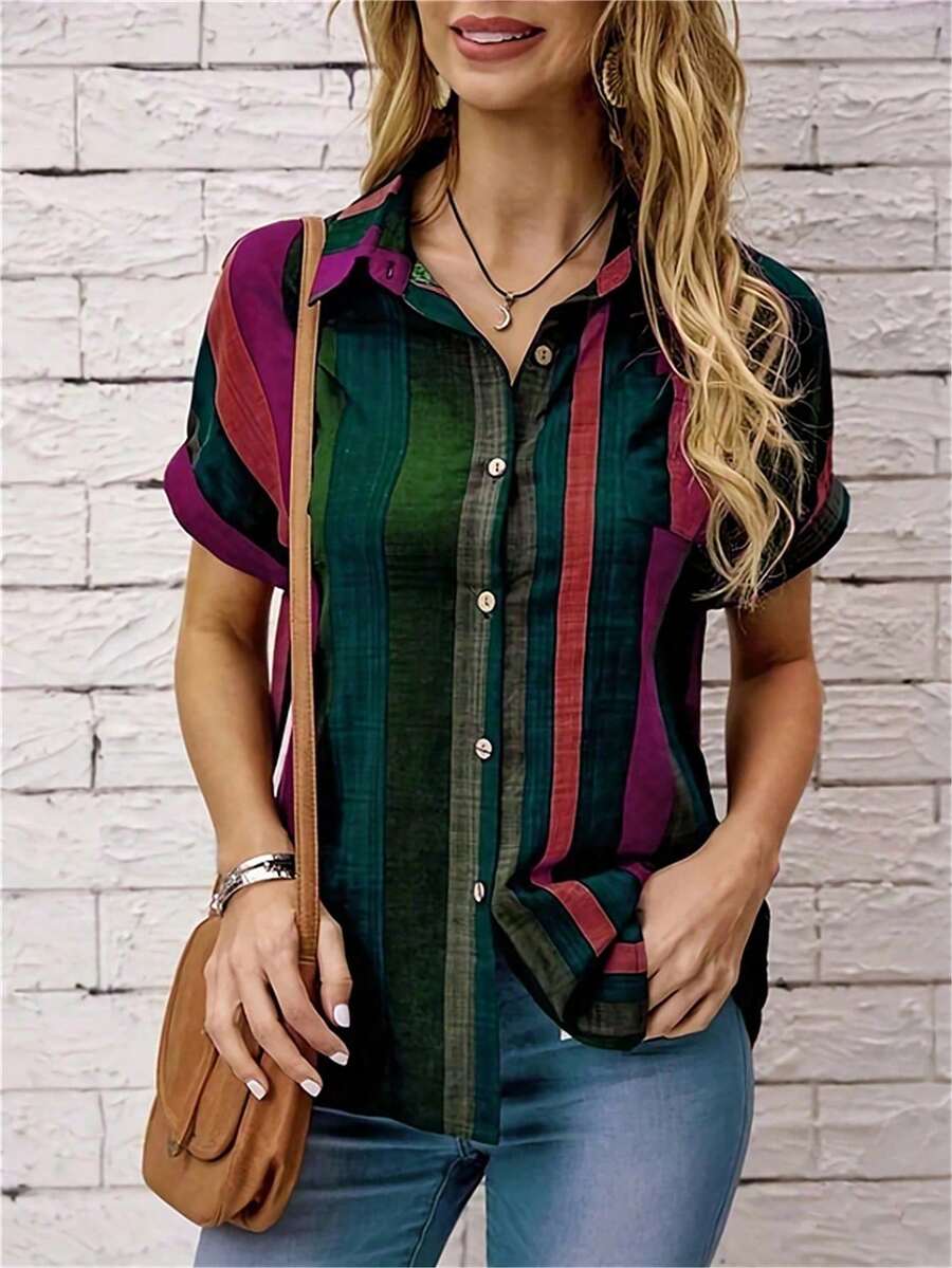 Women's Summer Casual Striped Print Short Sleeve Shirt - Purple - View 1