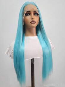 13x4 Elegant 26 Inch Blue Lace Front Wig, Synthetic Lace Front Wig With Pre-Plucked Hairline, Heat Resistant Fiber Hair, Silky Straight Wig For Women, Cosplay, Party, Daily Use - Baby Blue - View 6