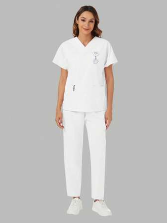 2pcs/Set V-Neck Pocket Short Sleeve Top & Pants Casual Scrub Set