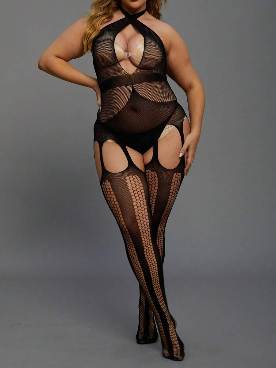 Plus Size Women Halter Sheer Lingerie Set, High Elastic Seamless Jumpsuit, Sexy Nightwear (Without Panties) - Black - View 1
