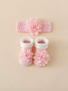 1 Pair Cotton Flower Decor Soft Knee High Socks & Elastic Hair Band Set For Girls - Pink - View 1