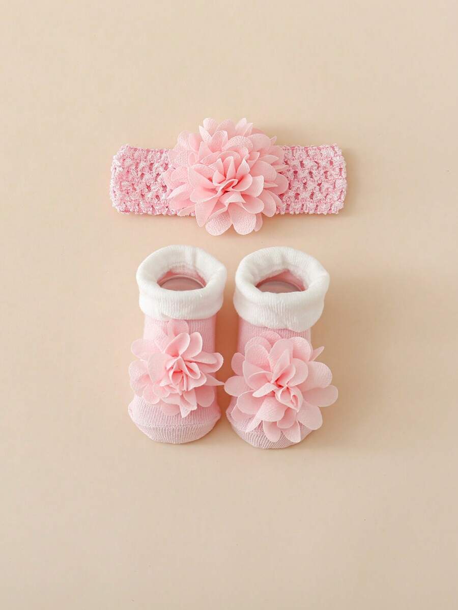 1 Pair Cotton Flower Decor Soft Knee High Socks & Elastic Hair Band Set For Girls - Pink - View 1