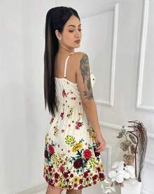 Short Dress With Printed Straps, ViscoLycra, V-Neckline And Elastic Waistband - 紅色 - 查看 2