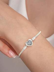 1 pieza Pulsera elegante de plata de ley 925 con cuentas de corazón y hueso de serpiente de 16-22CM como regalo para mujer o novia, joyería fina para damas