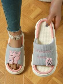 OBOVAY Women Cartoon Cat Design Plush Open Toe Indoor Slippers, Lightweight And Comfortable For All Seasons - 1pc Grey - View 3