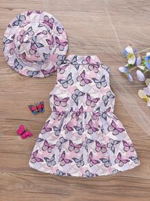 Set de 2 vestidos de tirantes casuales con estampado de mariposa de dibujos animados y sombrero para niñas pequeñas, para verano