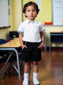 Jonge jongens campus stijl contrasterende kleur wit korte mouwen shirt & zwarte shorts set, geschikt voor school, optredens, toespraken, uitstapjes