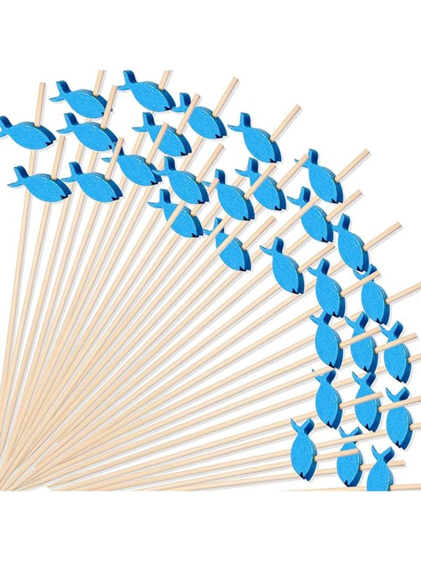 1 Set/25 piezas Pinchos de bambú con diseño de peces azules - Pinchos de madera de alta calidad, adecuados para aperitivos, frutas, postres y decoraciones de fiestas, excelentes para celebraciones de Navidad, Año Nuevo, Halloween, Día de San Valentín y Acción de Gracias