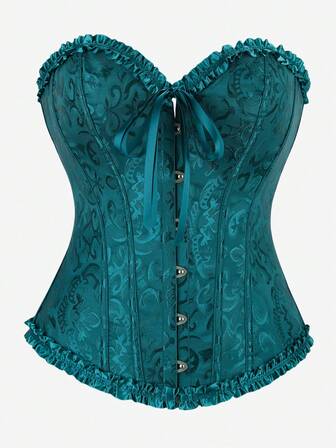 Corset Overbust Bustier, Classic Corset Shapewear, Strapless Sweet Fitted Boned Bodysuit, Ruffle Trim Waist Cincher, Backless Tummy Control Top, Suitable For Masquerade, Halloween