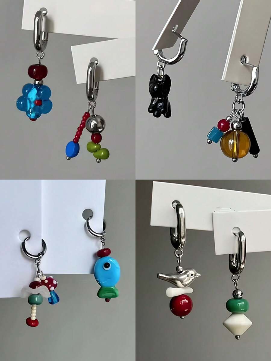 1 对不对称几何狗、鱼、鸟和珍珠设计彩色金属吊坠耳环，适合女士，独特美学派对珠宝，Y2K 风格（图片卡仅供参考） - Y2K - 查看 1